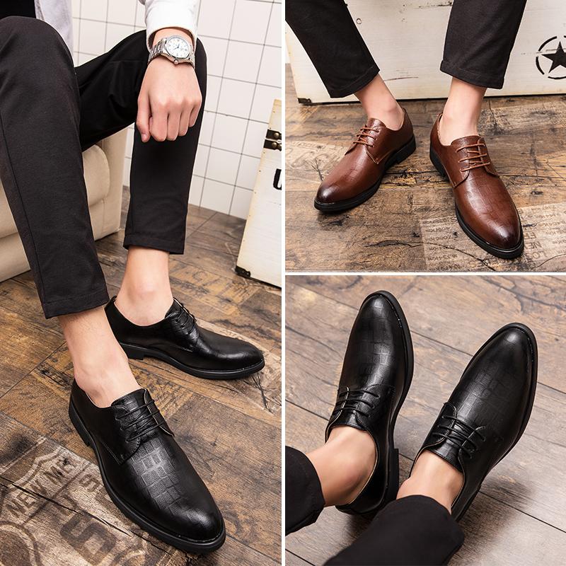 Fashion New Men Fashion Dress Shoes Black Brown Casual Leather Shoes Youth Business Fashion Derby Shoes Size 38-47 Men Shoes