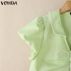 VONDA Women Lapel Collar Short Sleeve Twisted Lace Hem Casual Cropped Blouse