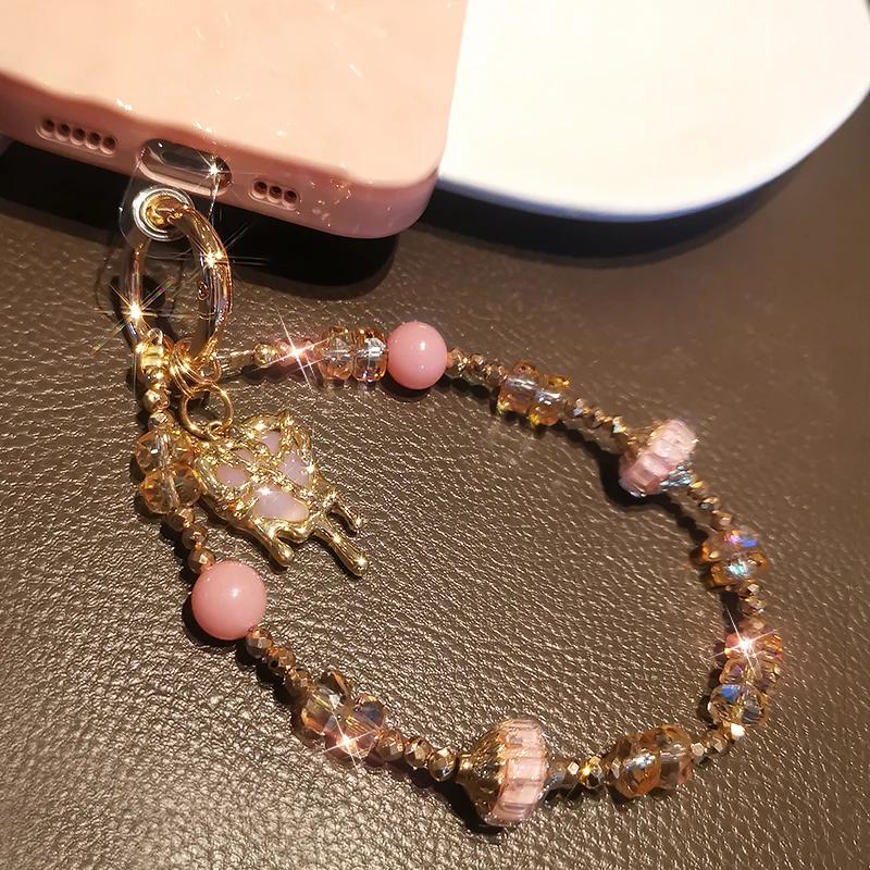Mobile Phone Lanyard Wrist Ornament Gold Border Heart Pendant Crystal Bead Bracelet Universal Anti Loss Lanyard for Phone Cases