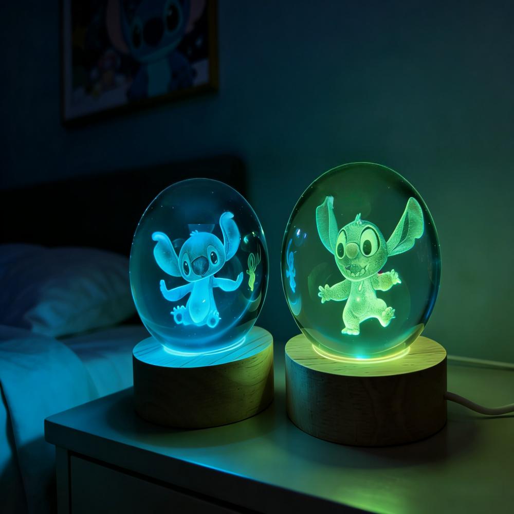 Anime Stitch Crystal Ball Mini Night Wooden Lamp Warm Light/7 Colors Desk Decoration Room Boy Girl Birthday Gifts 3D LED Round Sensory Compression