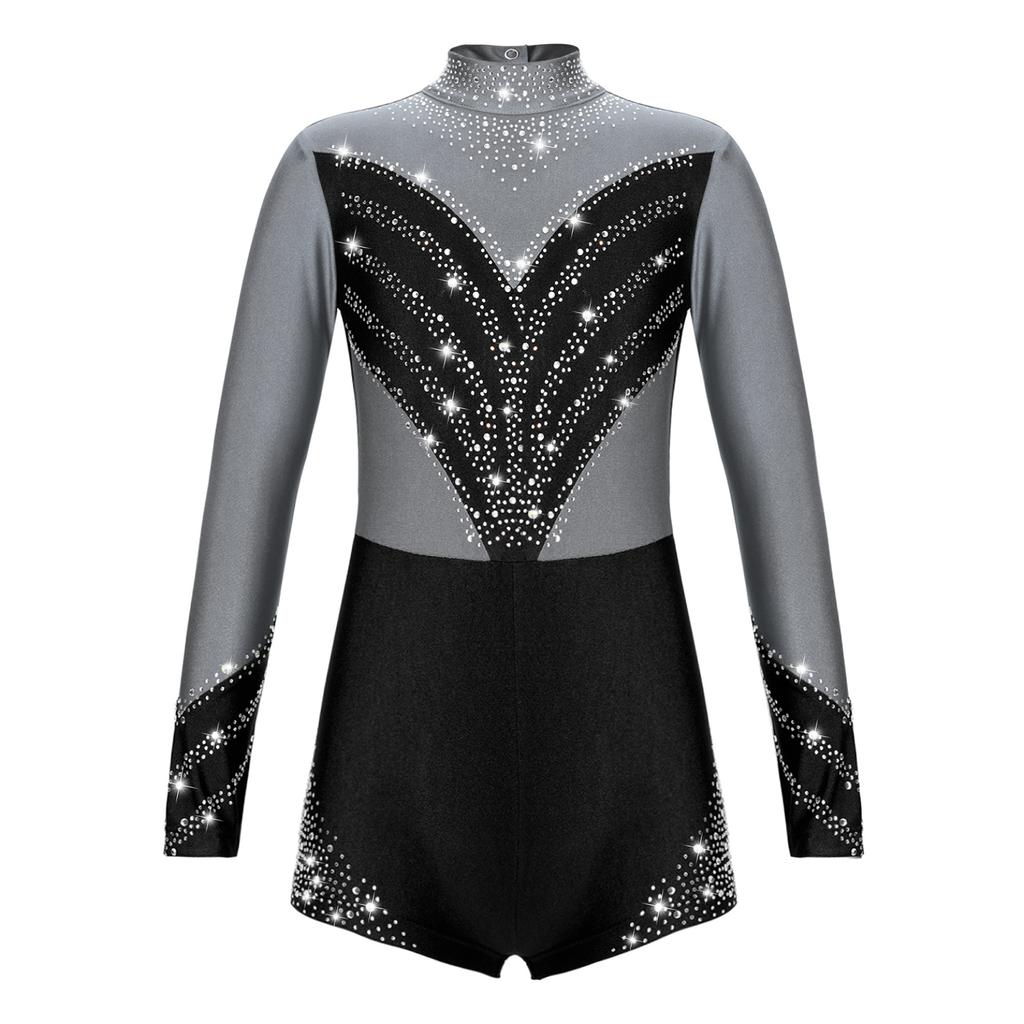 Kids Girls Stylish Clothing Long Sleeve Stand Collar Shiny Rhinestone Decor Contrast Color Gymnastic Dance Jumpsuit