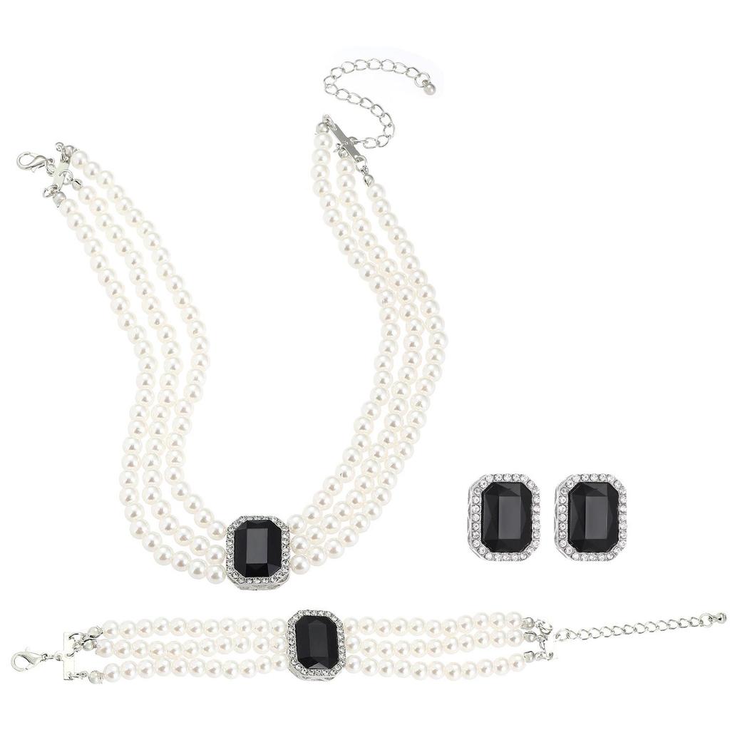 European & American Fashion Multi-Layer Pearl Crystal Jewelry Set: Necklace, Earrings & Bracelet