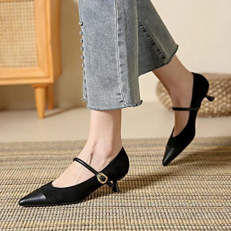 Fashion 2025 French Sexy Pointed Toe High Heels Women Brown Retro Suede Mary Jane Shoe Elegant Kitten Heel Shoes for Women Evening Heels