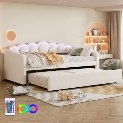 Sofa Bed Upholstered Bed 90x200 Cm Extendable Sofa Bed Rollers LED Light Velvet Minimalist Guest Bed Teenagers Children Without Mattress Beige
