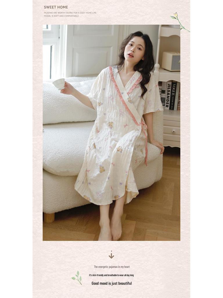 2025 Summer Kimono Maternity Nightdress - Crinkle Cotton, Postpartum Mid-Length, Short Sleeve Nursing Dress