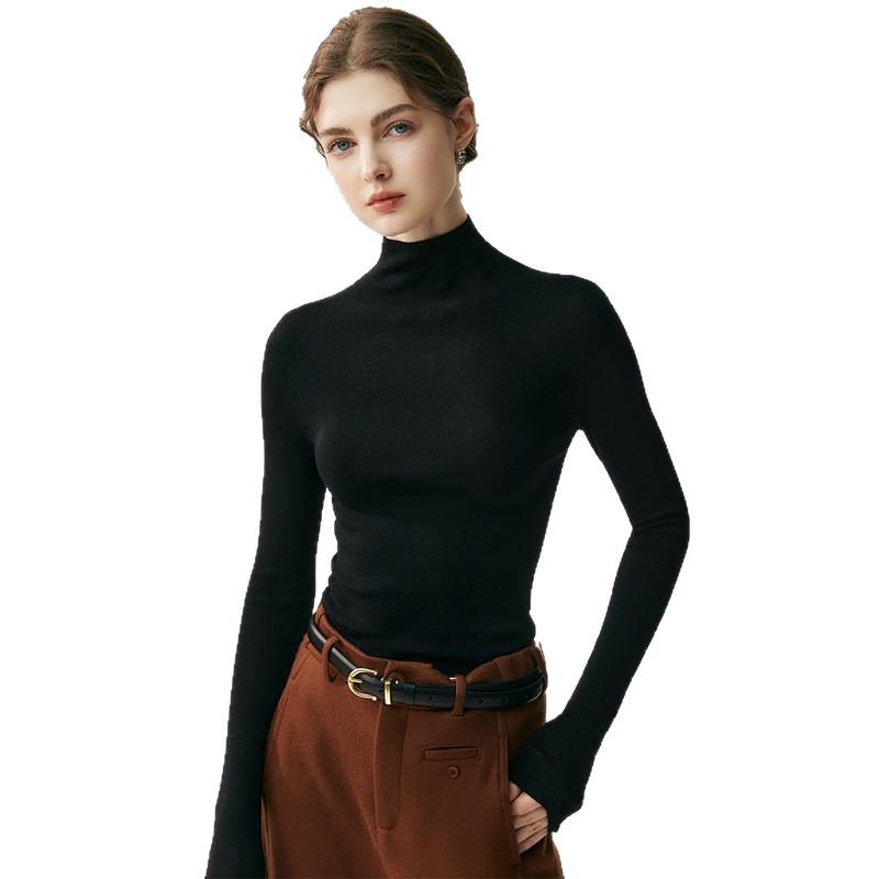 Women's High Neck Slim Fit Ribbed Knit Top - Imitation Wool, Figure-Flattering, Versatile, Classic