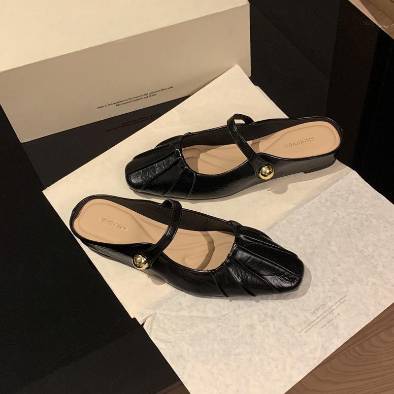 Temperament small square head pleated word with shallow mouth Mary Jane bag head half slippers female summer