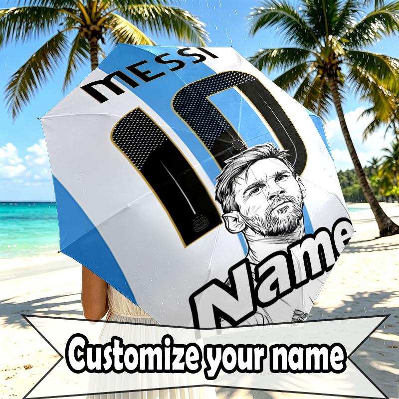 Custom Name Personalized Lionel Messi Print Umbrella, Auto Open Close, 8‑Rib Sturdy Frame, Commute Camping Hiking Use, Birthday Gift