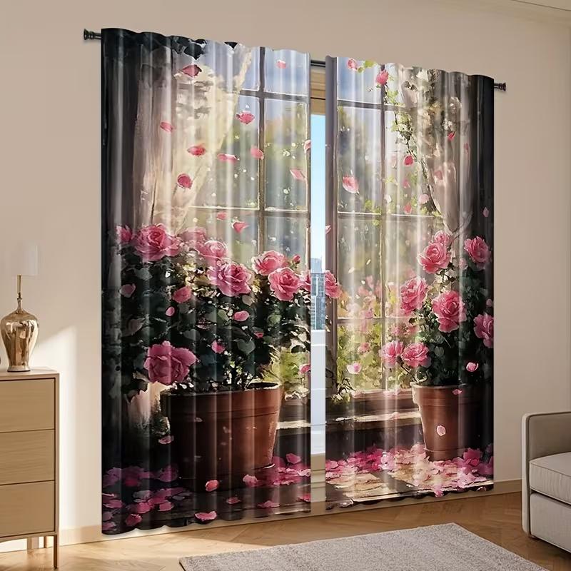 2 Pcs Windowsill Rose Print Curtains,suitable for Bedroom,living Room Kitchen Decoration,home Decoration,window Decoration