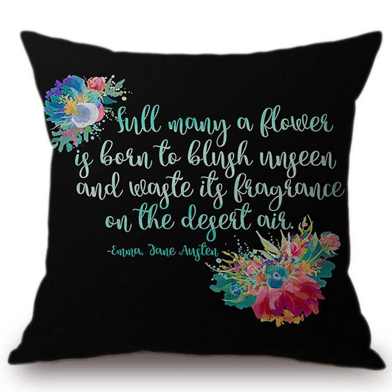 18" Square Floral Jane Austen Quotation Letter Print Sofa Throw Pillow Cover Case Cotton Linen Nordic Masterpiece Cushion Cover