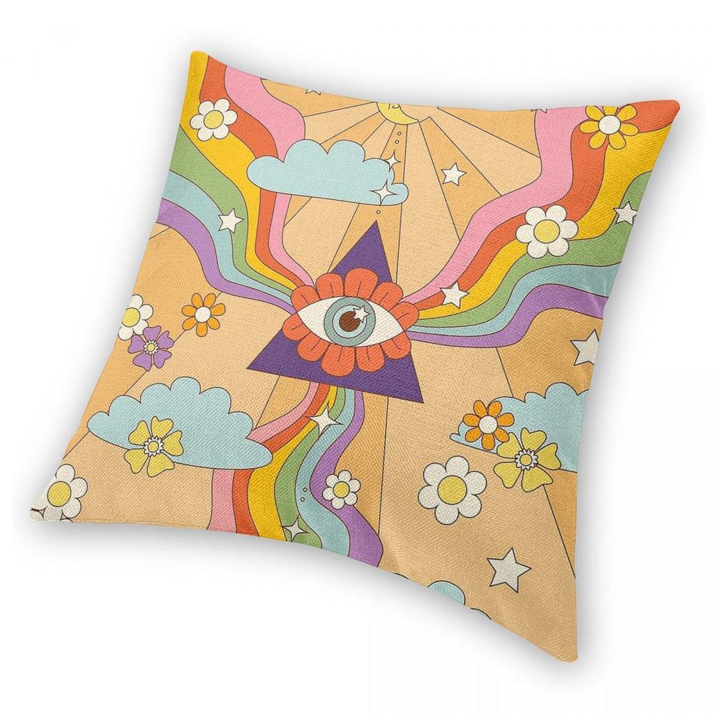 Retro Hippie Boho Rainbow Square Pillowcase Polyester Linen Velvet Creative Zip Decor Throw Pillow Case Sofa Seater Cushion 18"