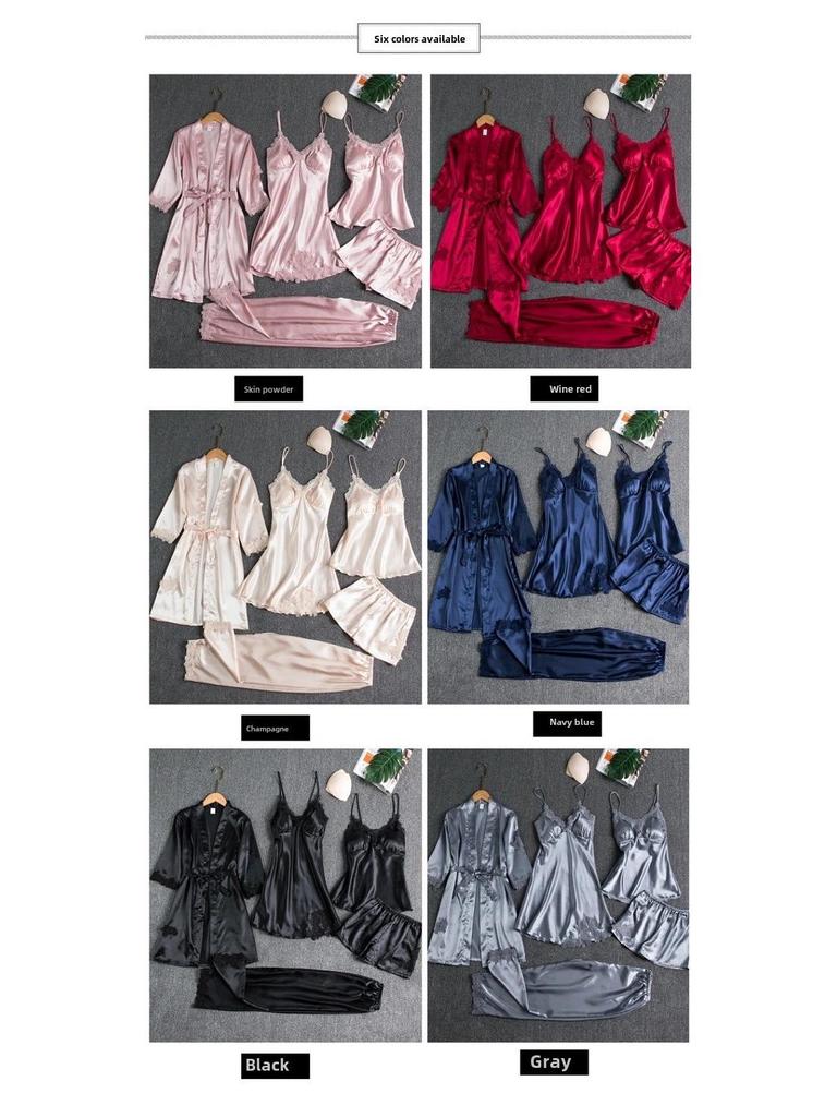 Women's Five-Piece Silk Pajama Set - Sensual Padded Nightdress and Battleship Print for Spring & Summer