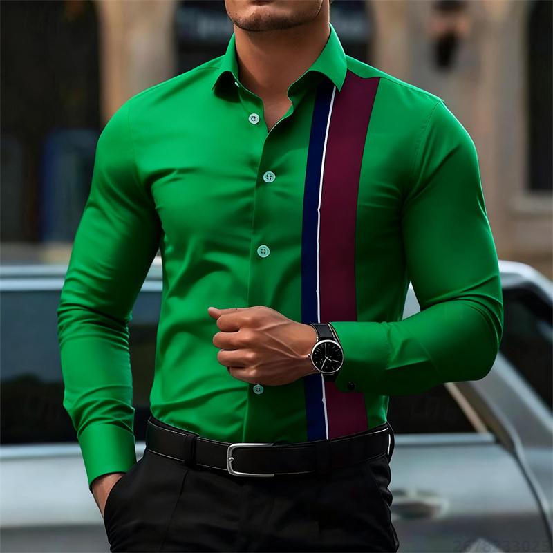 Men's Fashionable Contrast Color Striped Long Sleeve Shirt European and American Style Business Casual Trendy Casual Men's Shirt
