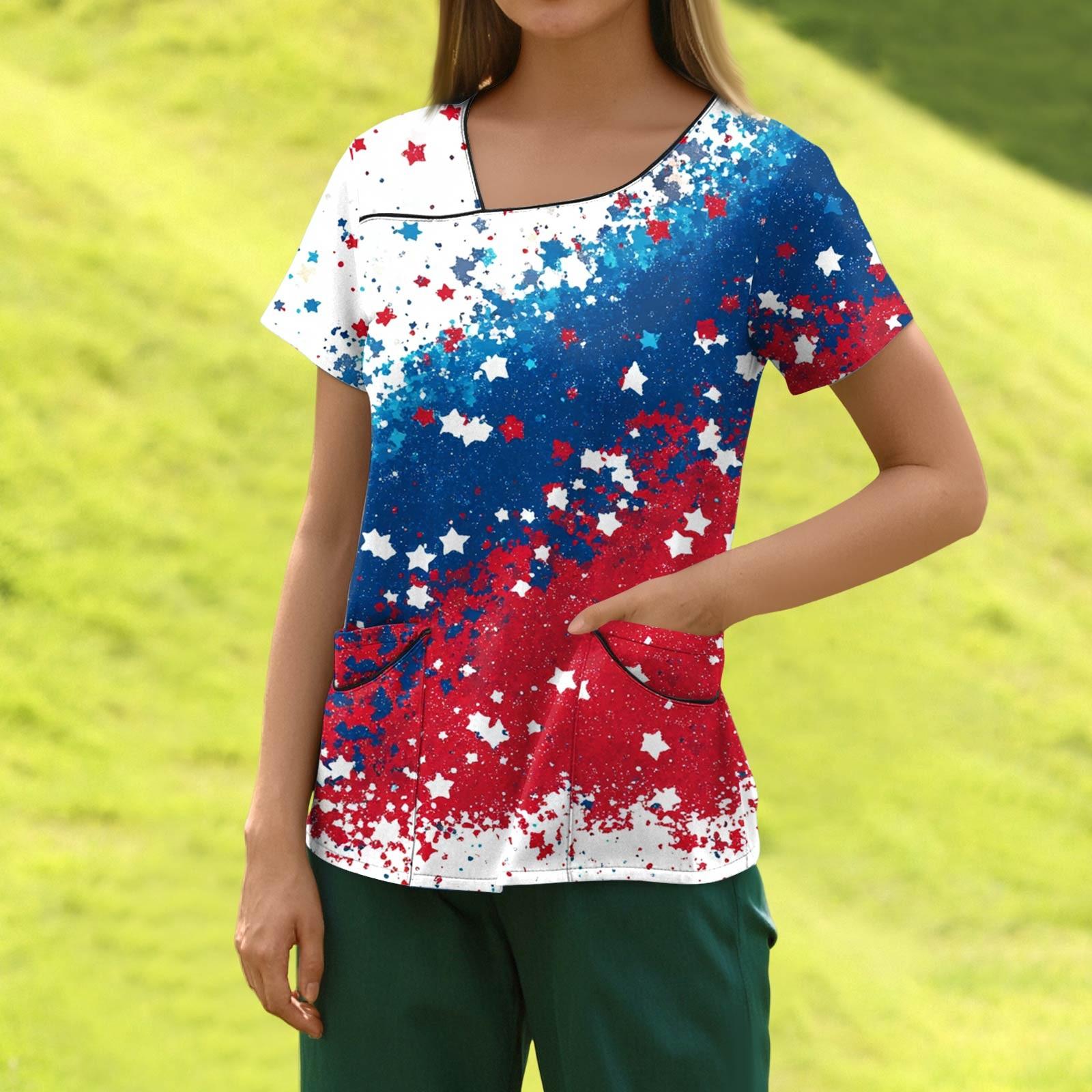

Women s Fashion Independence Day Printed Short Sleeve Overalls With Pocket Top XXXL синій