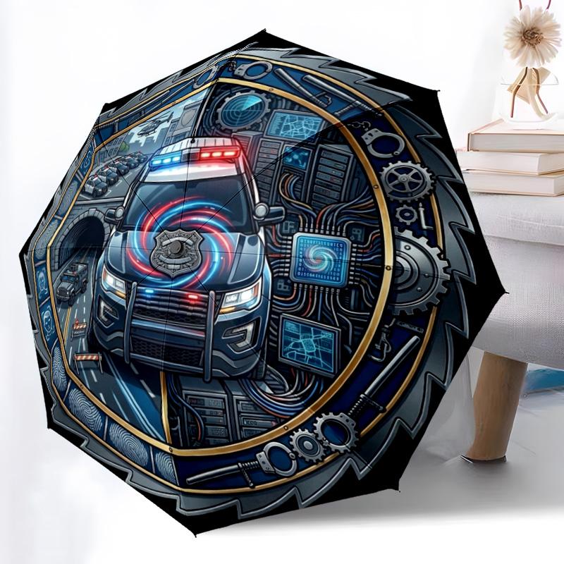 Police Technology Emblem Pattern Umbrella, Portable and Foldable Design, 8 Ribs, a Casual Accessory for Halloween, Christmas, and Birthday Gifts.