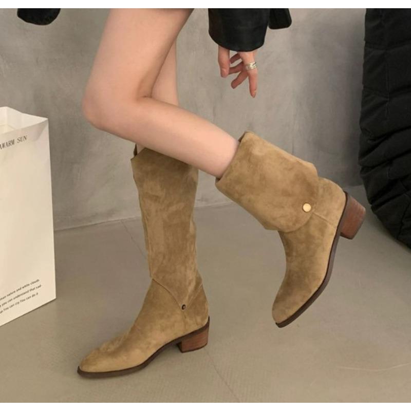 Fashion New Popular Retro Style Fold Button Women Knee-High Boots Fashion Pointed Toe Square Heels Casual Ladies Shoes Zapatos De Mujer