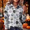Women's Casual Long Sleeve Knit Top with Halloween Print and Lapel Collar