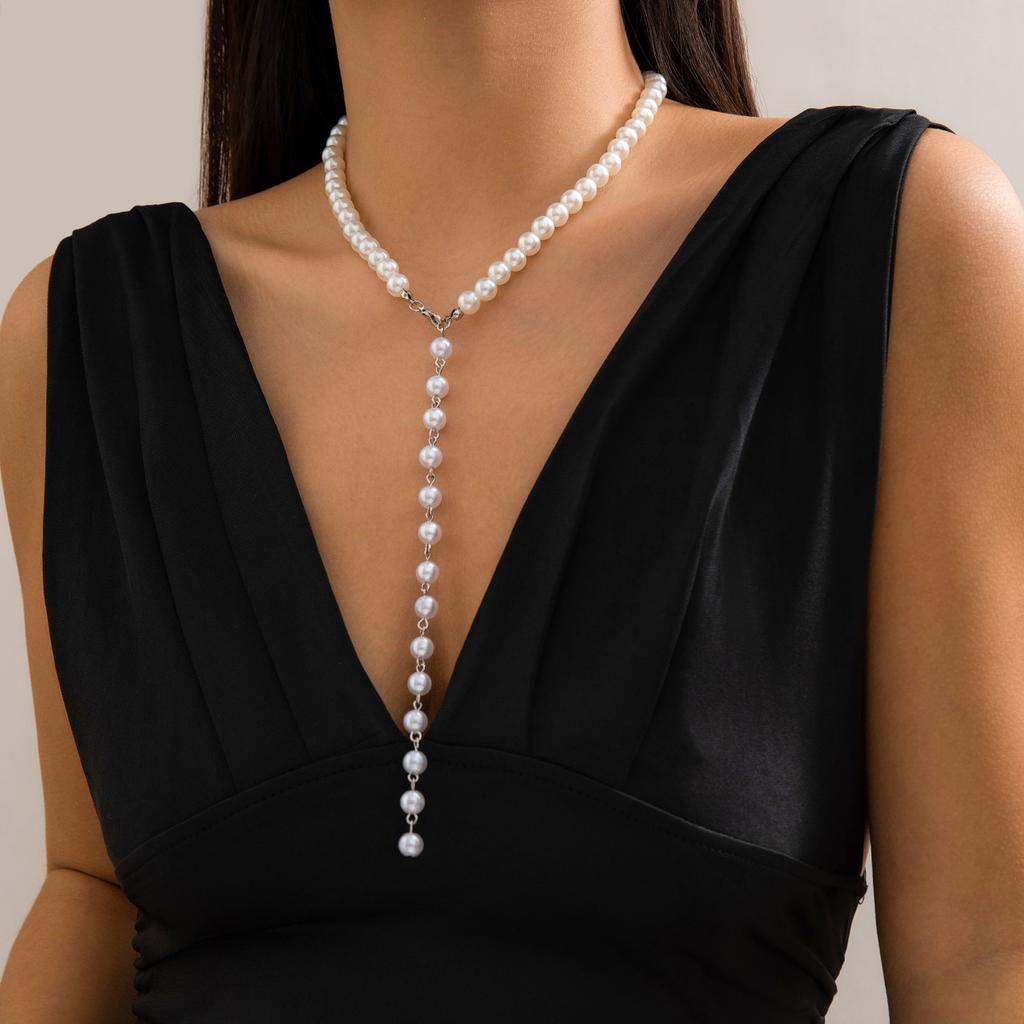 Vintage Round Bead Chain Beaded Necklace Simple Imitation Pearl Tassel Long Niche Necklace