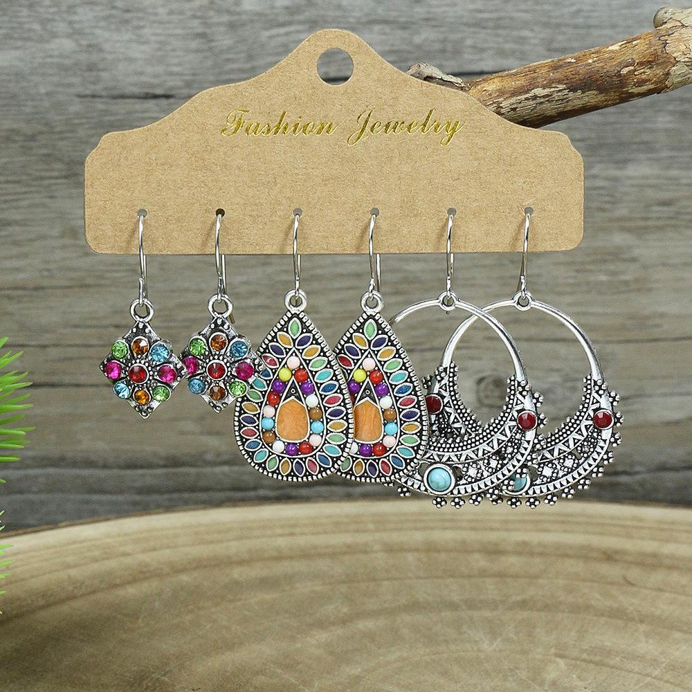 Bohemian Ethnic Style Earrings Set for Women Creative Retro Drop Oil Rhinestoen Water Drop Tassel Earring Female Jewelry
