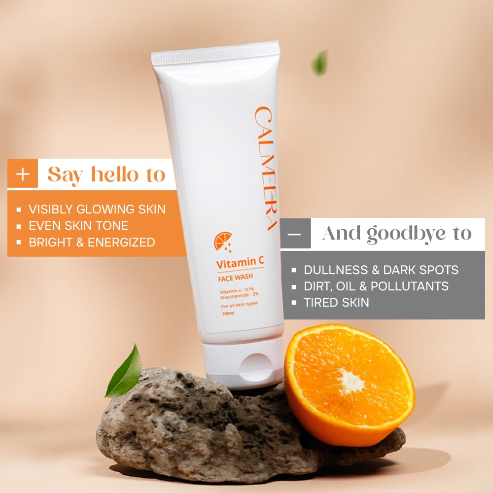 CALMEERA Vitamin C Face Wash with 2% Niacinamide, Hyaluronic Acid & Vitamin E – Skin Brightening & Hydrating Cleanser – Fades Dark Spots, Improves