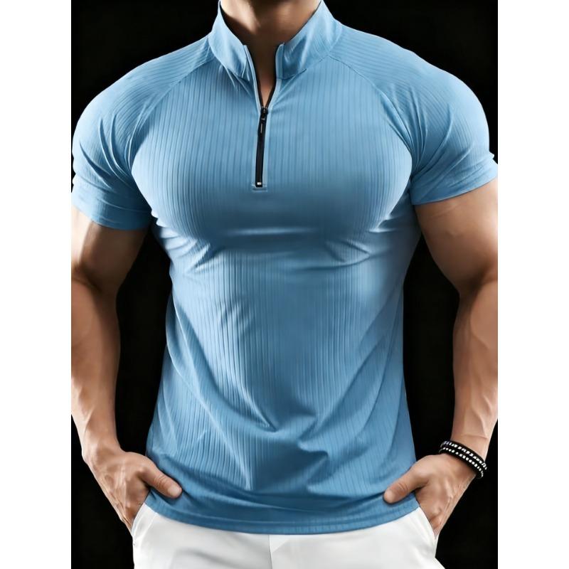 Men European Size Slim Fit Summer Half Zip Short Sleeve Ribbed Polo Shirt