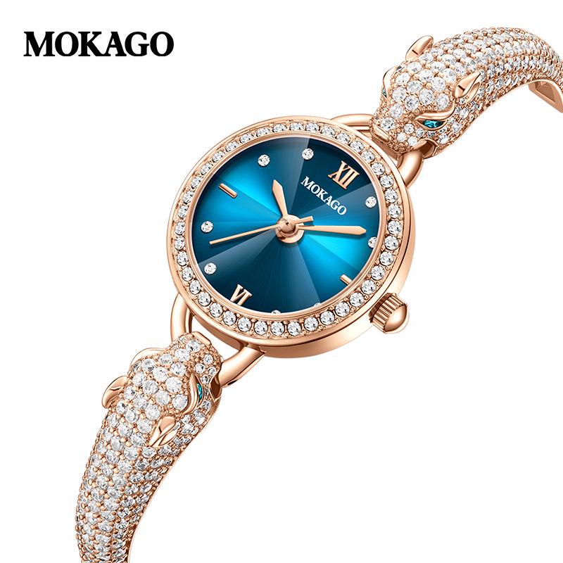 Mokaga Women s Quartz Watch: Stylish Full-Diamond Leopard Head Bracelet, Waterproof, Fashionable Mid-High End.