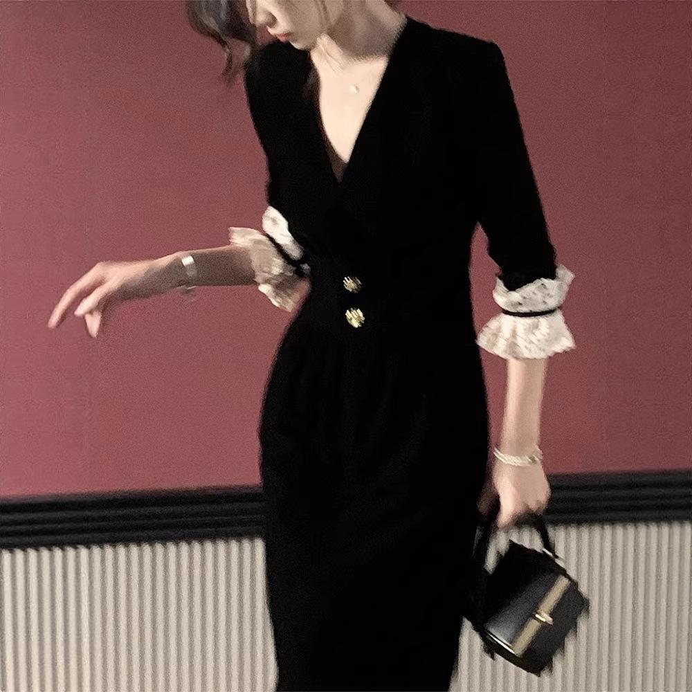 Hepburn-Style Black Velvet Lace Trim Dress for Women