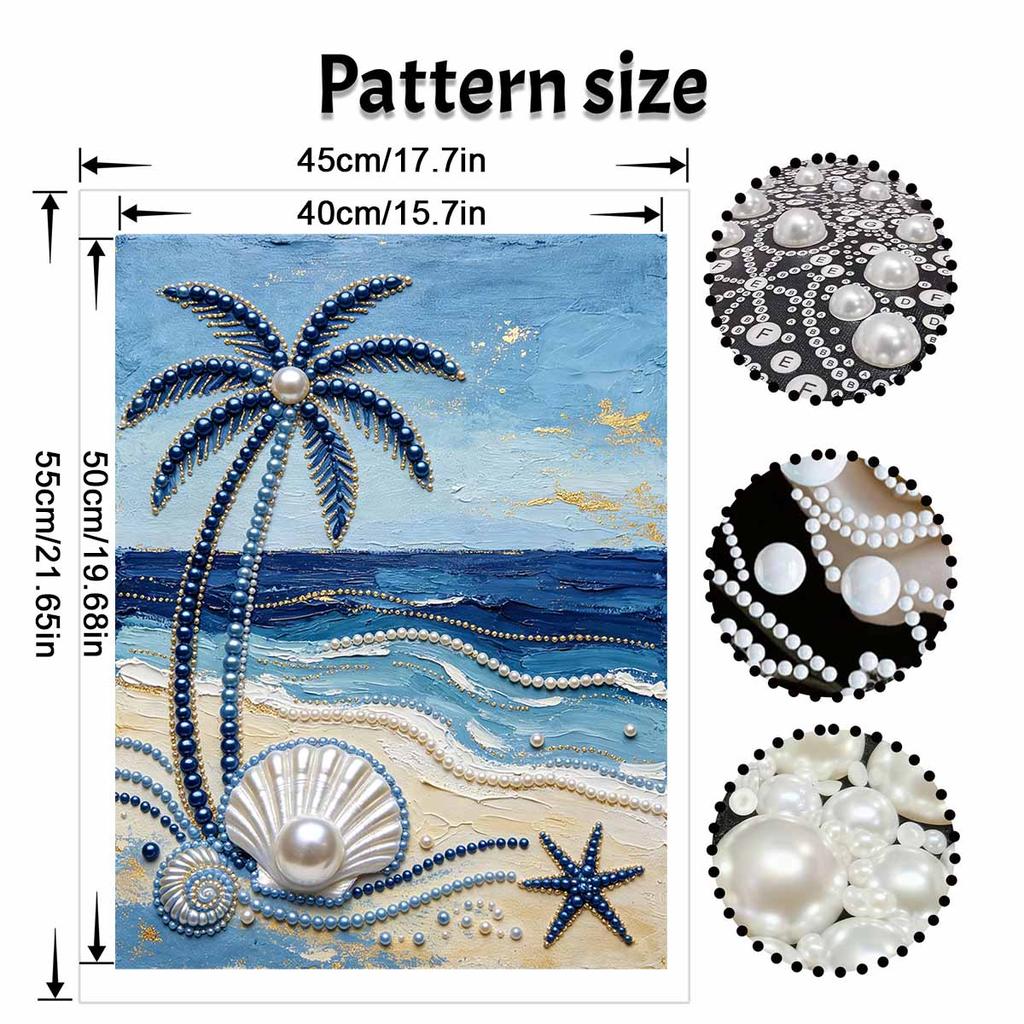 Frameless Pearl Painting DIY Kit Ocean Beach Palm Tree Seashell Starfish 3D Sparkling Bead Canvas Relaxing Creative Craft for Art Lovers