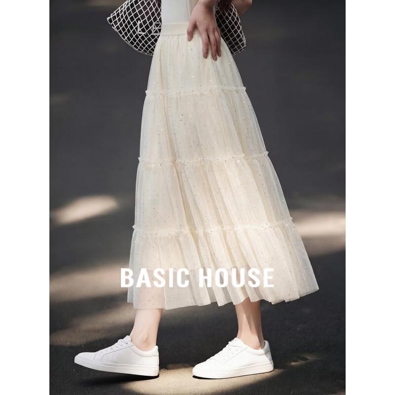 Basic House Women s High-Waist A-Line Layered Mesh Midi Skirt One Size