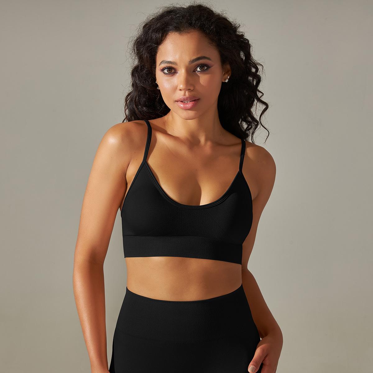 

New Seamless Knitted Sexy Back Yoga Thin Shoulder Strap Sling Sports Bra Shock-Absorbing Gathering Fitness Vest For Women S