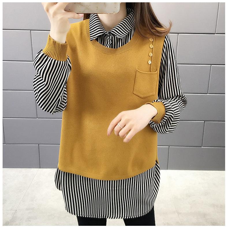 Sweater Women Autumn New Outer Wear Loose Shirt Collar Fake Two Piece Knit Sweater