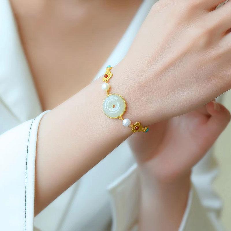 Chinese-Style Fu Lu Ping An Lucky Jade Ring Bracelet with Green Inlay