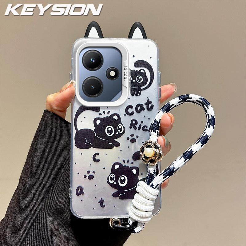 KEYSION Cute Ear Cartoon Case for Infinix Hot 30i with Lanyard Soft Silicone+PC Shockproof Phone Back Cover for Infinix Hot 30i