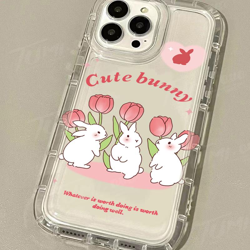 Cute Rabbit Colorful Flower Case for iPhone 17 16 15 14 13 12 11 Pro Max XR XS X 8 7  Shockproof Transparent Cover