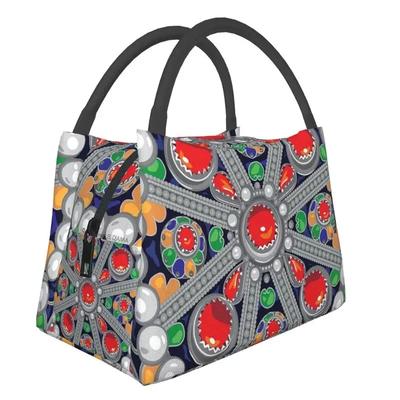 Tafzimth Kabyle Fibula Style Insulated Lunch Tote Bag for Women Ethnic Geometric Berber Portable Cooler Thermal Food Lunch Box