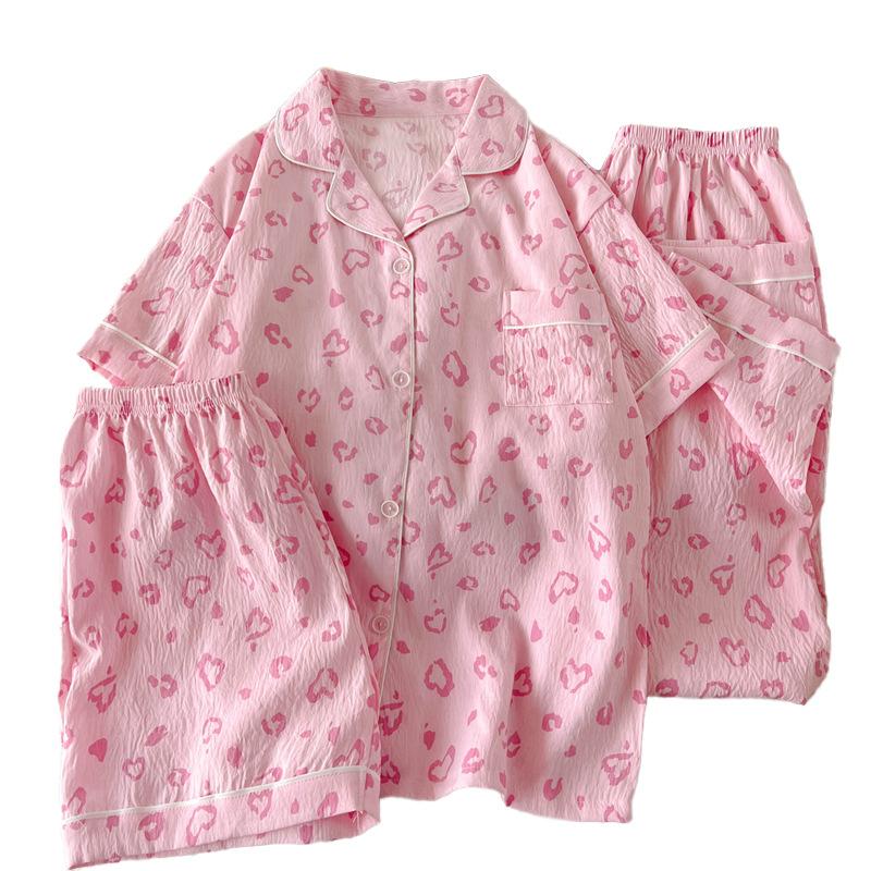 Cute Girl Love Leopard Print Short-Sleeved Pajamas Women'S Summer Cloud Cotton Three-Piece Loungewear