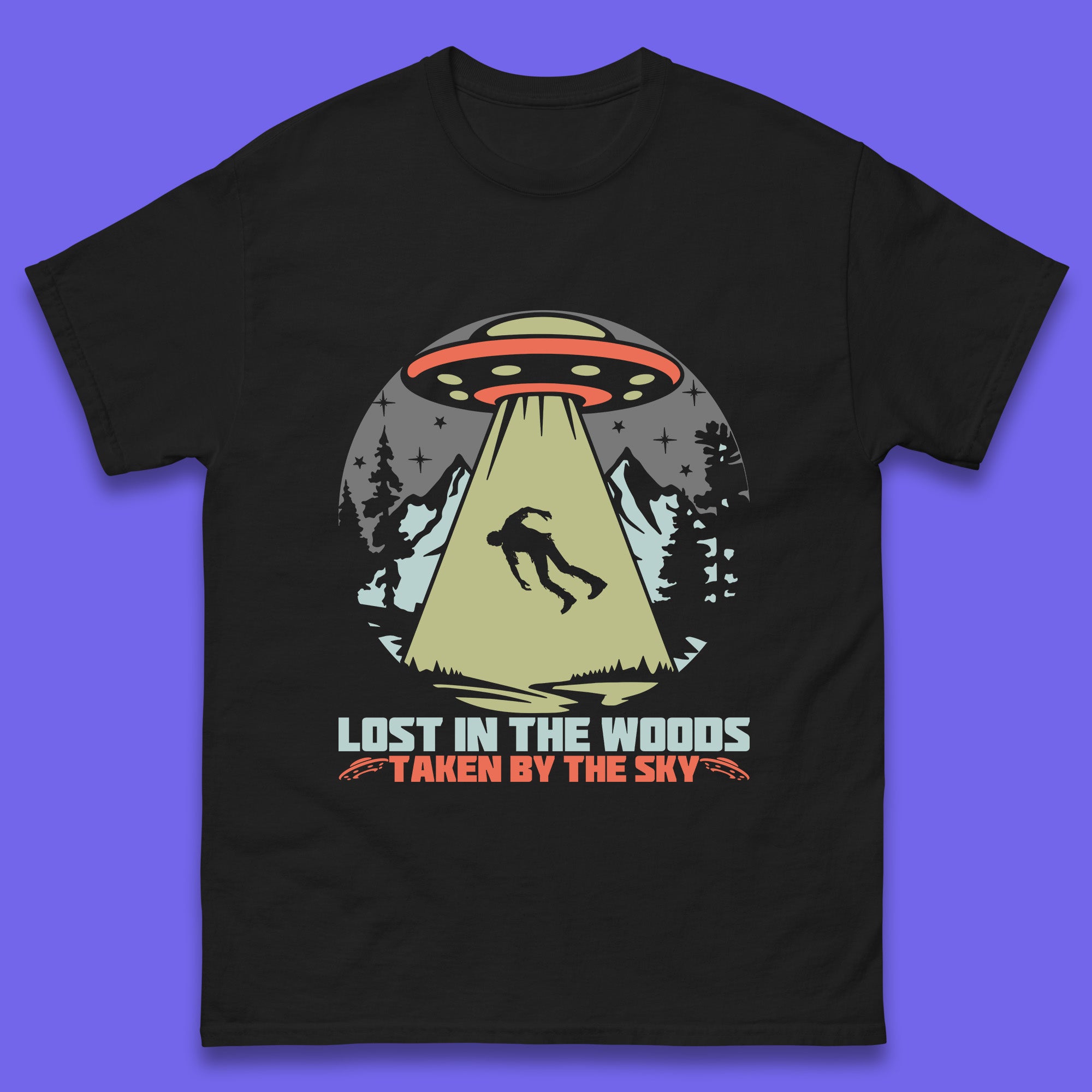 Lost In The Woods Taken By Sky Bigfoot Funny Sasquatch Getting Abducted By Aliens Camping Mens Tee Top S