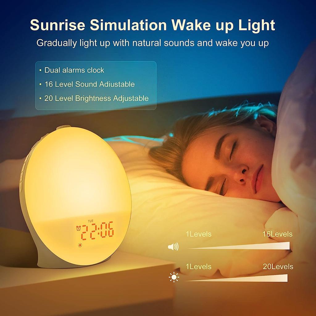 Smart LED Alarm Clock with Sunrise/Sunset Feature Colorful Wake-Up Light ABS Electronic Digital Display for Bedroom Use
