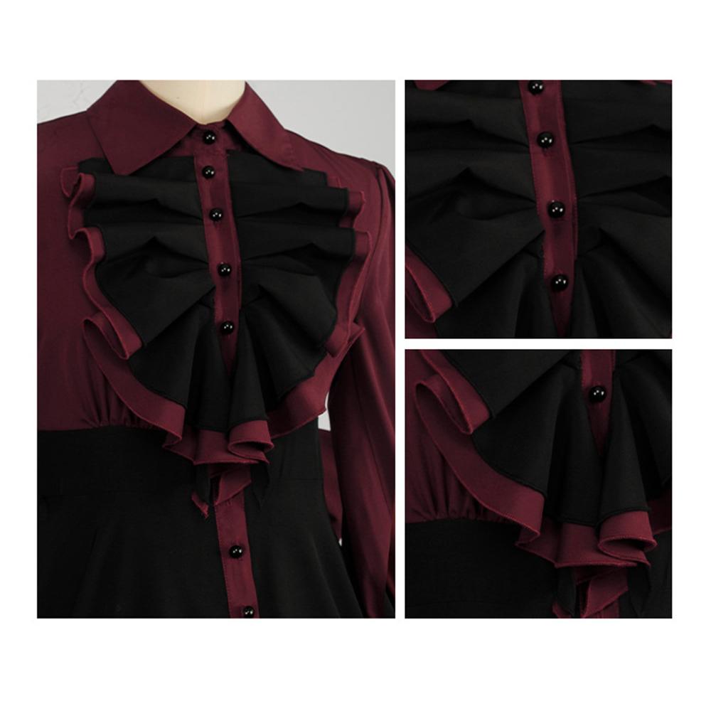 Long Sleeves Polyester Ruffle Dress with Bows, Women's Black and Red Gothic Dress for Women