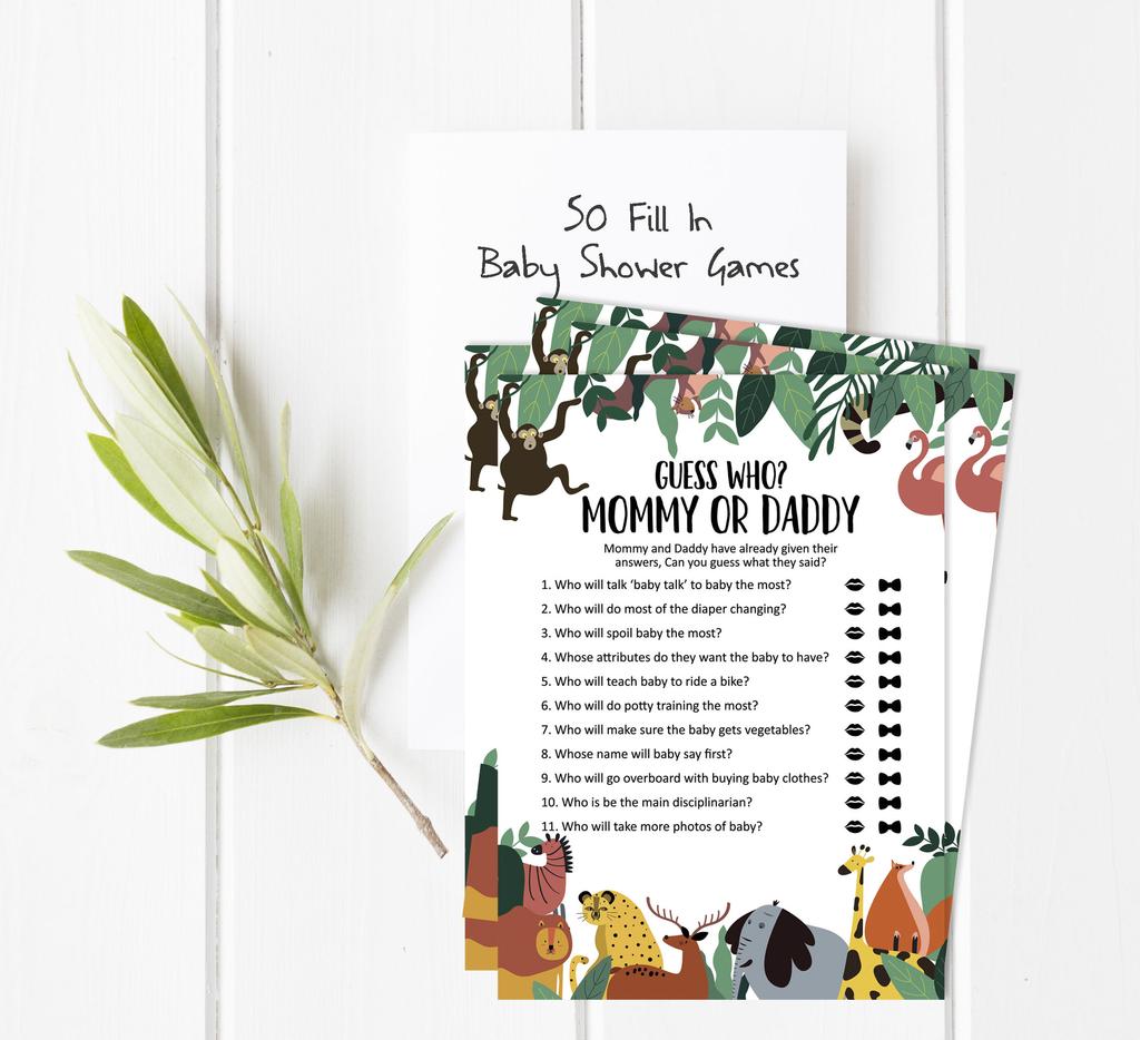 Inkdotpot Who Said it Game Mommy Or Daddy 50 Sheet Fun Baby Shower Game Gender Neutral Greenery & Animals Party Supply-7931