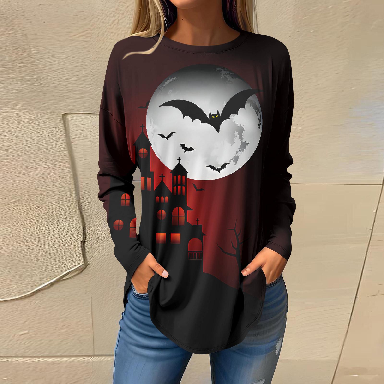 

Футболки для женщин, осенние повседневные рубашки с длинным рукавом, толстовка с принтом на Хэллоуин, топ, пуловер M винный