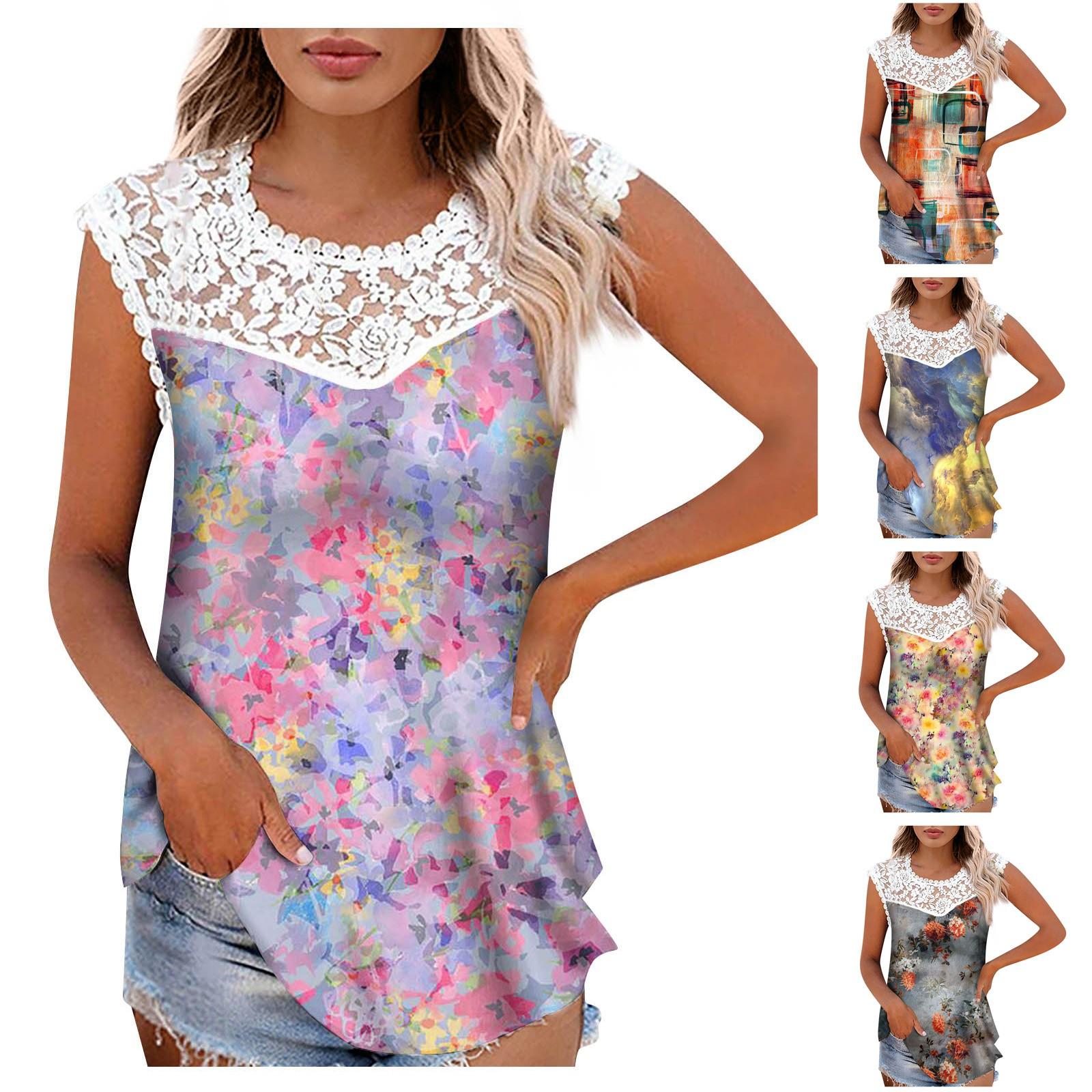 

Женская мода Кружева Плиссированный без рукавов Жилет Футболка