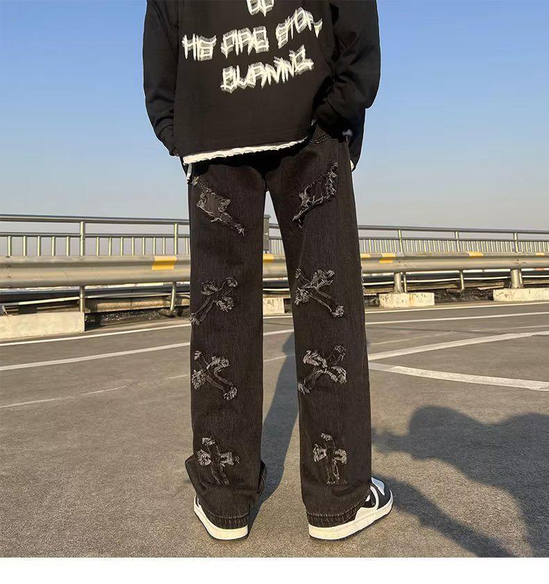Herren Trendy Patchwork Denim Jeans - Hip Hop Ausgefranste Kante, Gerade, Locker Geschnitten Lässige Hosen