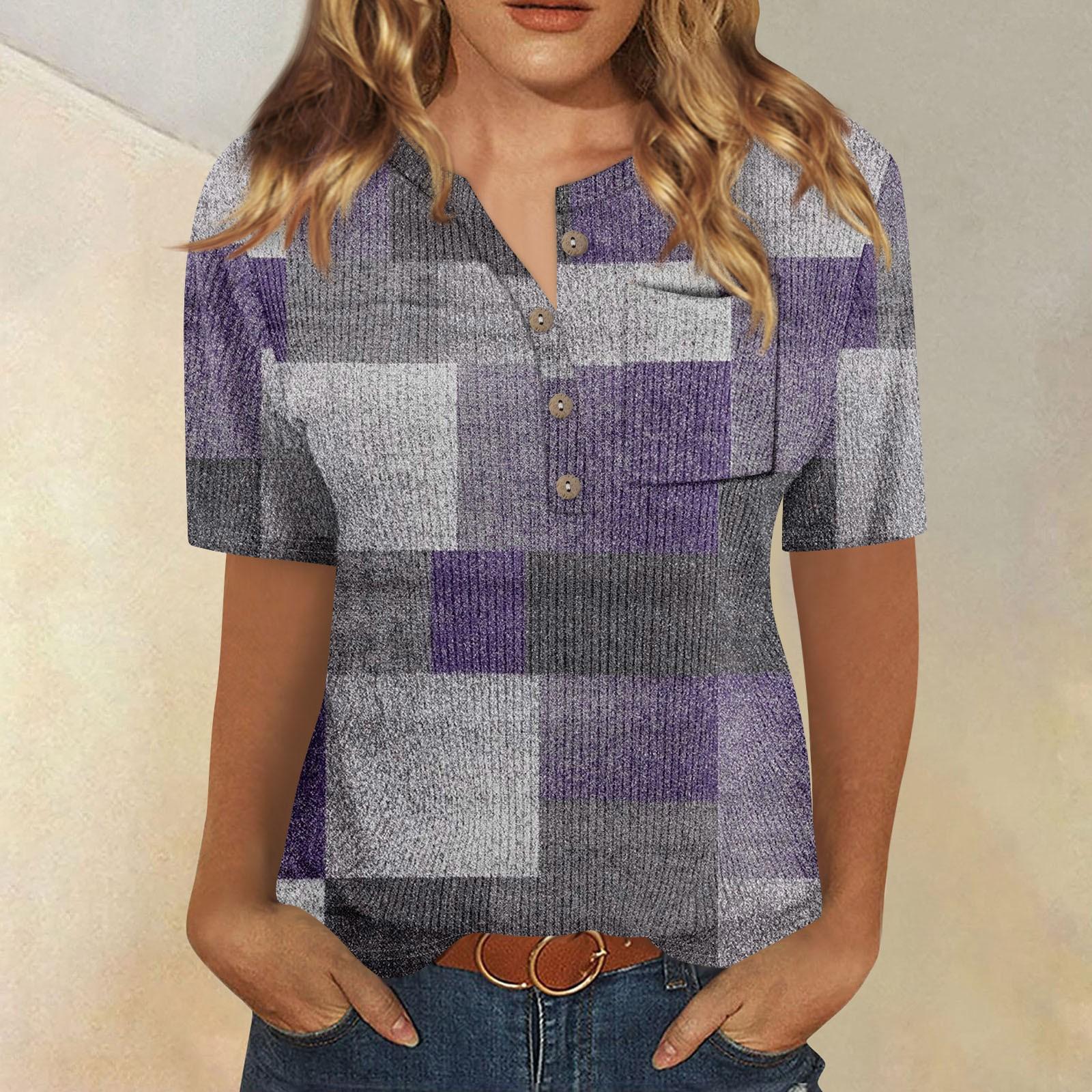 

Футболки для женщин, плиссированные, с V-образным вырезом, нарядные, повседневные блузки с принтом, короткие рукава, летние топы, свободный крой XXL фиолетовый