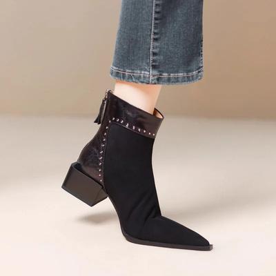 French Elegant Mid-Calf Boots Women's Winter Fashion Booties Zipper Rivet Slim Elastic Boots Sharp Toe Rubber Upper Cotton Lined