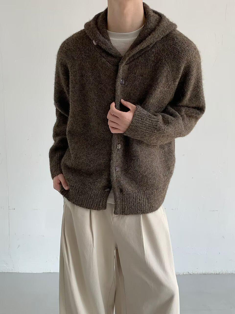 

Unisex Retro Hooded Knitwear Cardigan: Casual Old Money Style for Autumn/Winter XXL коричневий