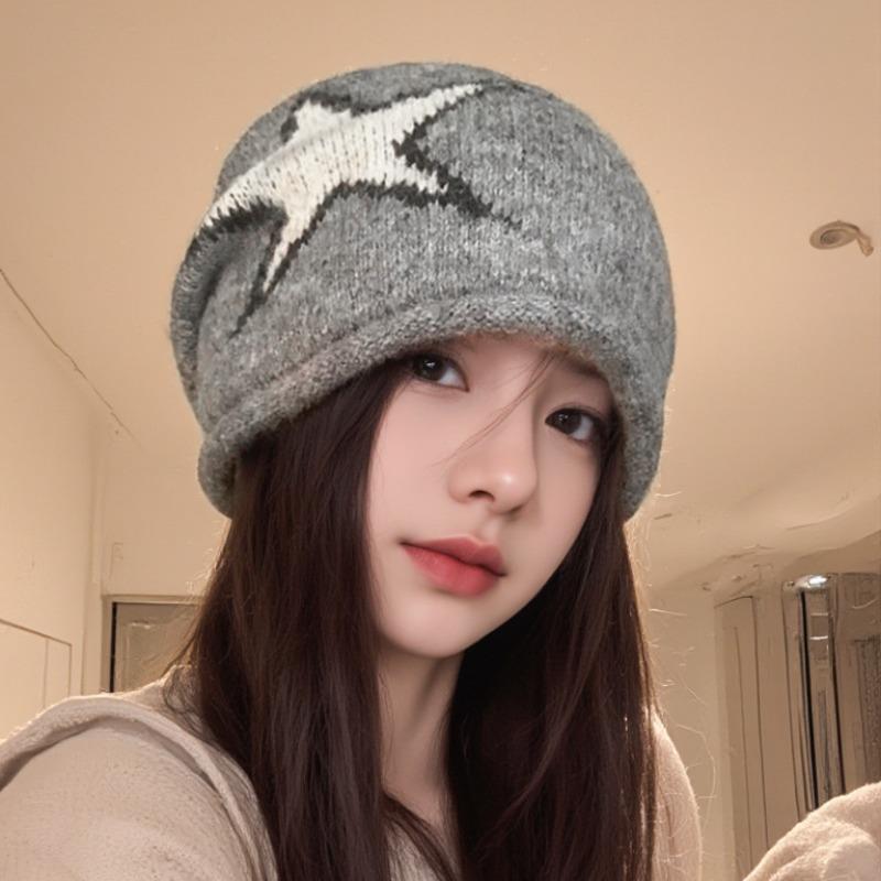 Pile hat women's retro knitted bag hat new big head circumference confinement hat autumn and winter ear protection cold hat
