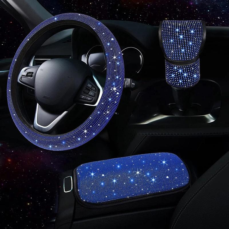 3Pcs Car Accessories Set for Women Steering Wheel Cover Gear Shift Cover Armrest Pad Mat Bling Auto Diamond Decortion Styling