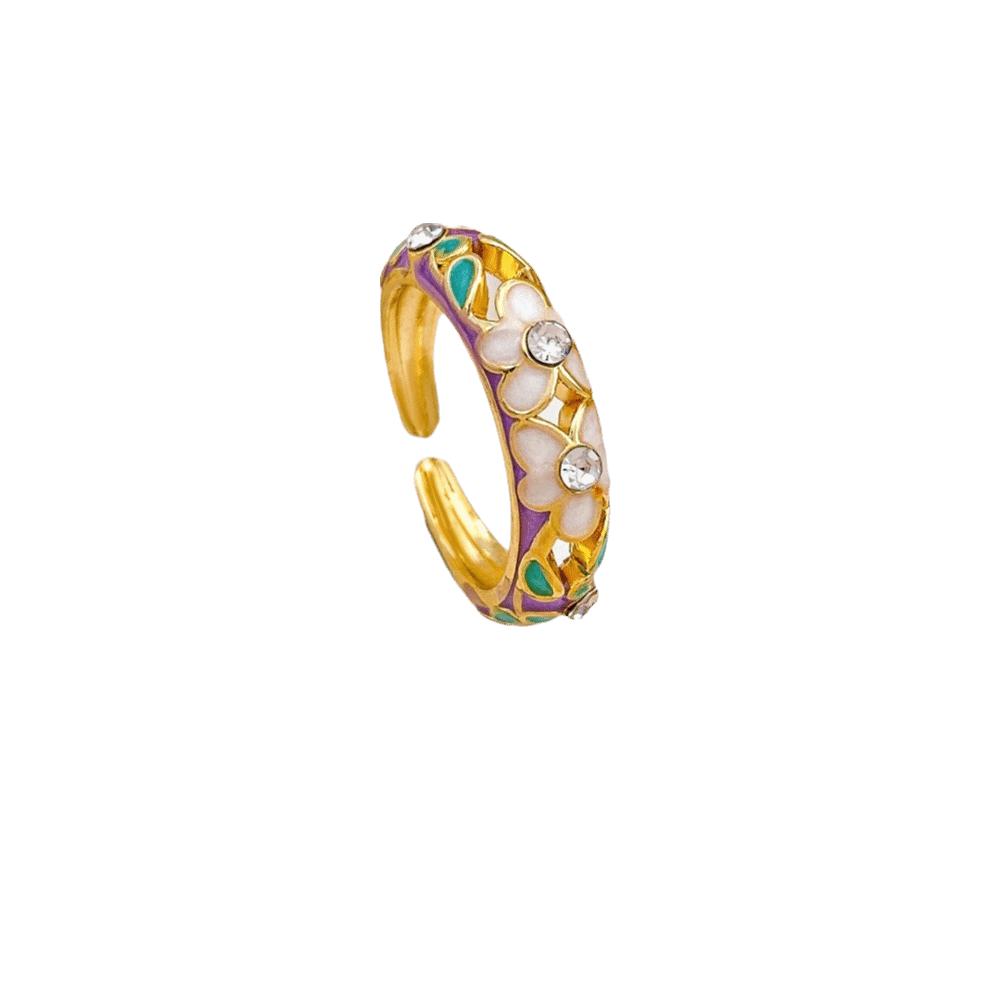 

Engraved Colorful Enamel Flower Rings Hollow Out Gold Plated Ring Vintage Geometric Rings Wedding Style 1