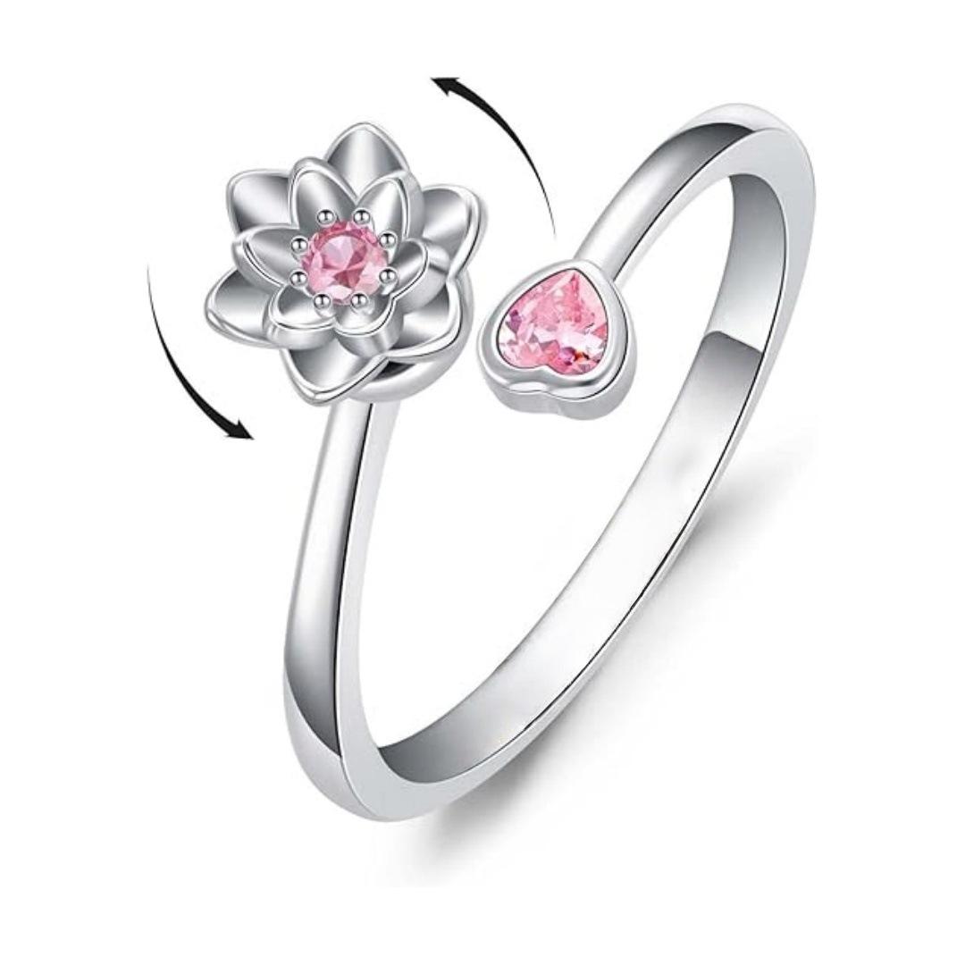 

Lotus Flower Spinner Ring For Women Cute Rotating Adjustable Pinky Rings Dainty Floral Zircon Delicate Student Stackable Ring resizable